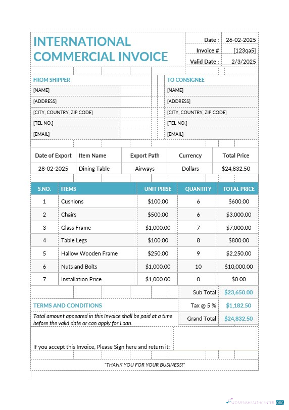 Download International Commercial Invoice Template Photoshop template